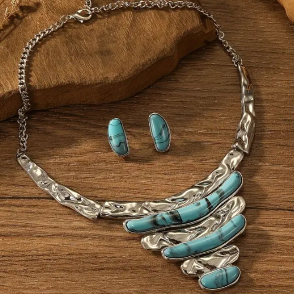 Boho Style Silver Electro-Plated Simulated Turquoise Necklace & Earrings Set